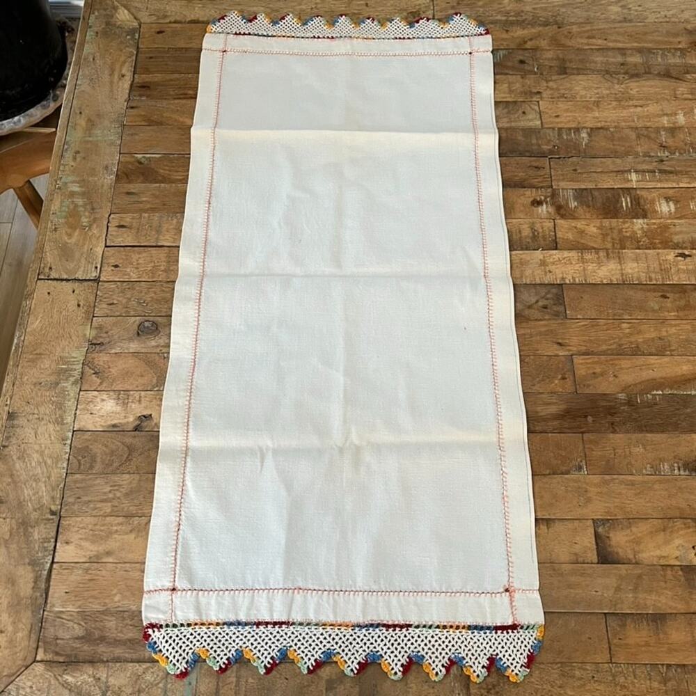 Vintage Handmade Cream Linen Table Runner Colorful Crochet Lace Edge